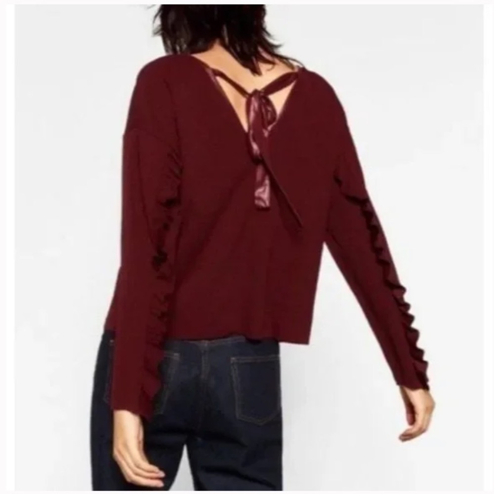 Zara W/B Collection Burgundy Ruffle Long Sleeve Top sz S